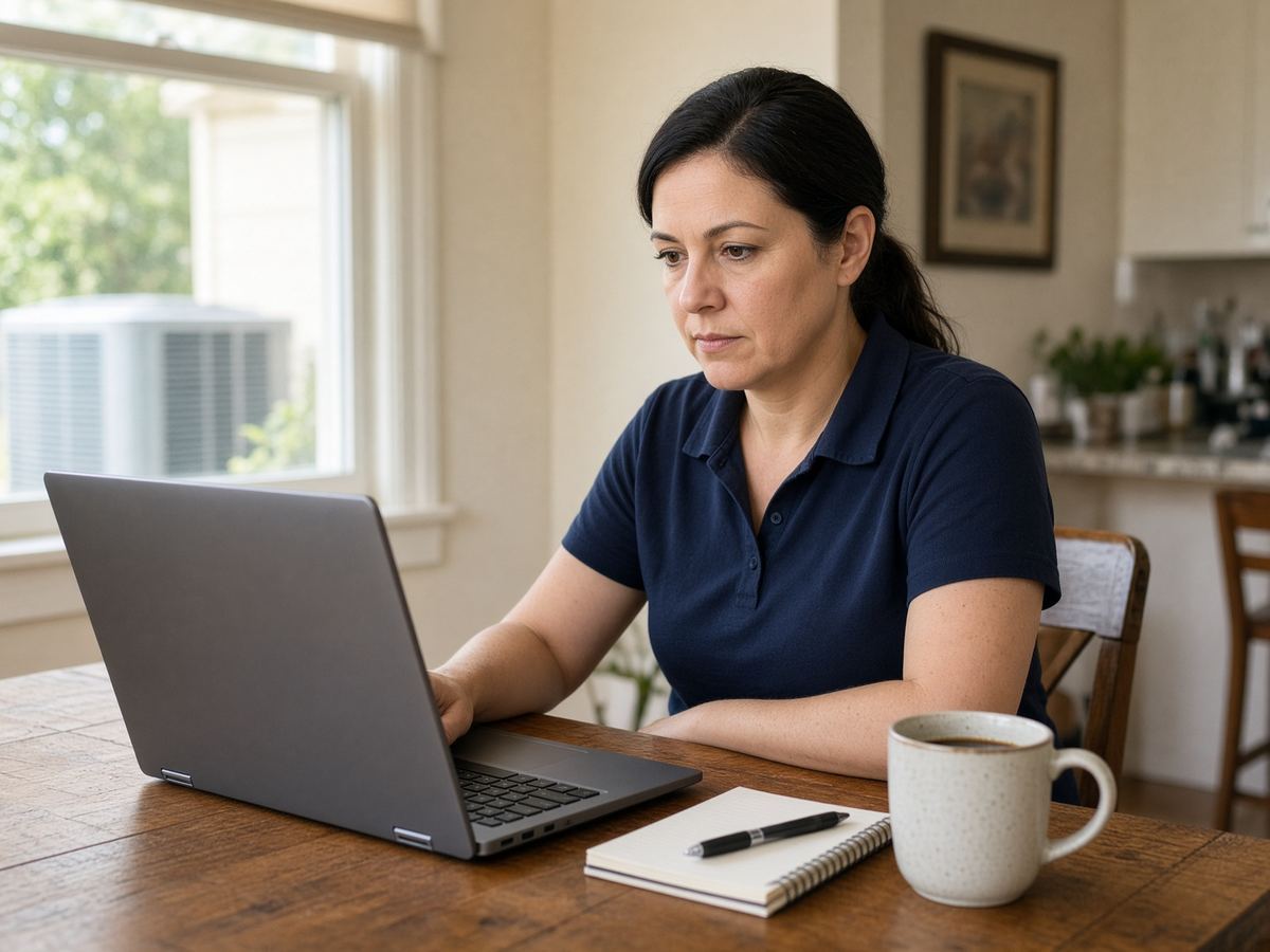 Illustrative photograph of an HVAC contractor reviewing a laptop. Not a Bumlaunch client and not a verified result.